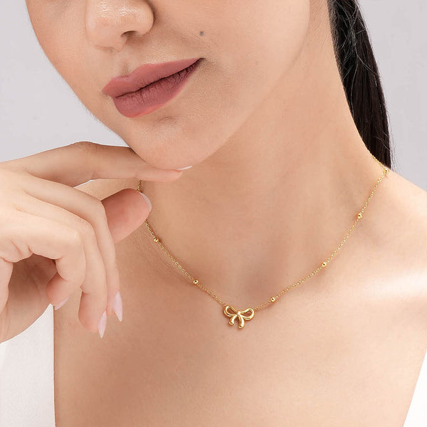 Gold Bow Pendant with Beaded Chain Necklace
